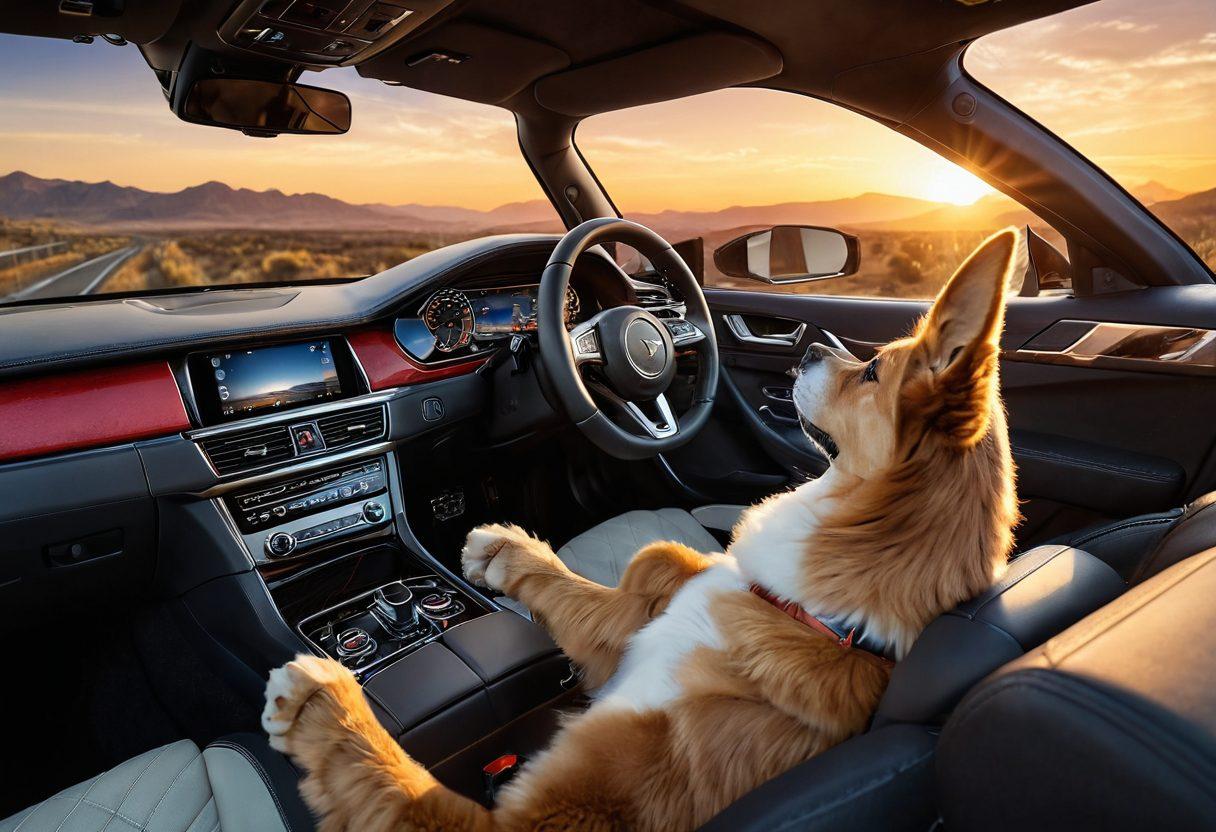 An inviting scene inside a luxurious car with a sunset background, showcasing a content driver smiling while gripping a steering wheel made of premium materials. The car's interior reflects elegance with warm lighting, and outside the window, lush landscapes and winding roads symbolize freedom and adventure. Include subtle hints of joy, like a dog in the passenger seat and travel gear neatly arranged. super-realistic. vibrant colors. 3D.