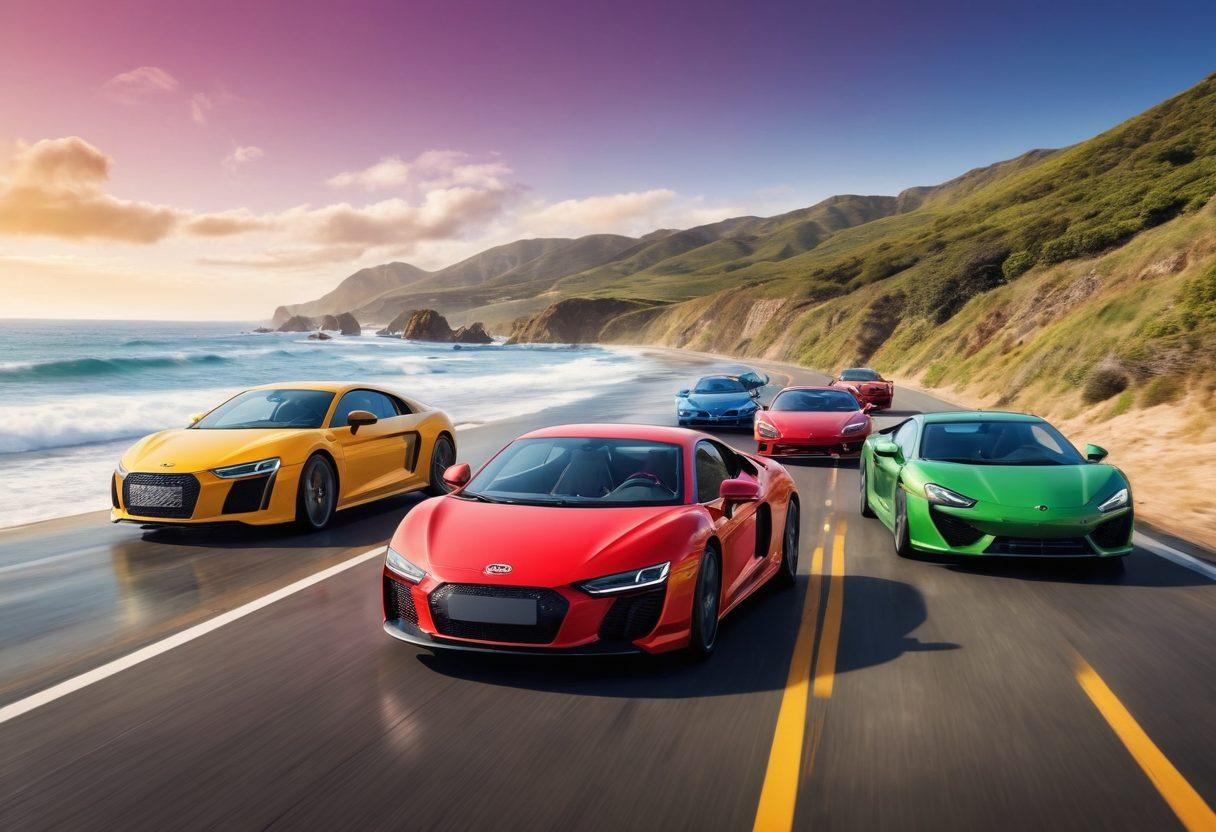 A joyful scene of a diverse group of people driving in various vibrant cars on a scenic coastal road, with carefree expressions, hands raised in excitement. Include sunny skies and ocean waves crashing on the shore, symbolizing the thrill of driving. Overlay some engaging graphics of performance stats and happy emoticons, emphasizing the connection between purchase and driving experience. super-realistic. vibrant colors. dynamic composition.