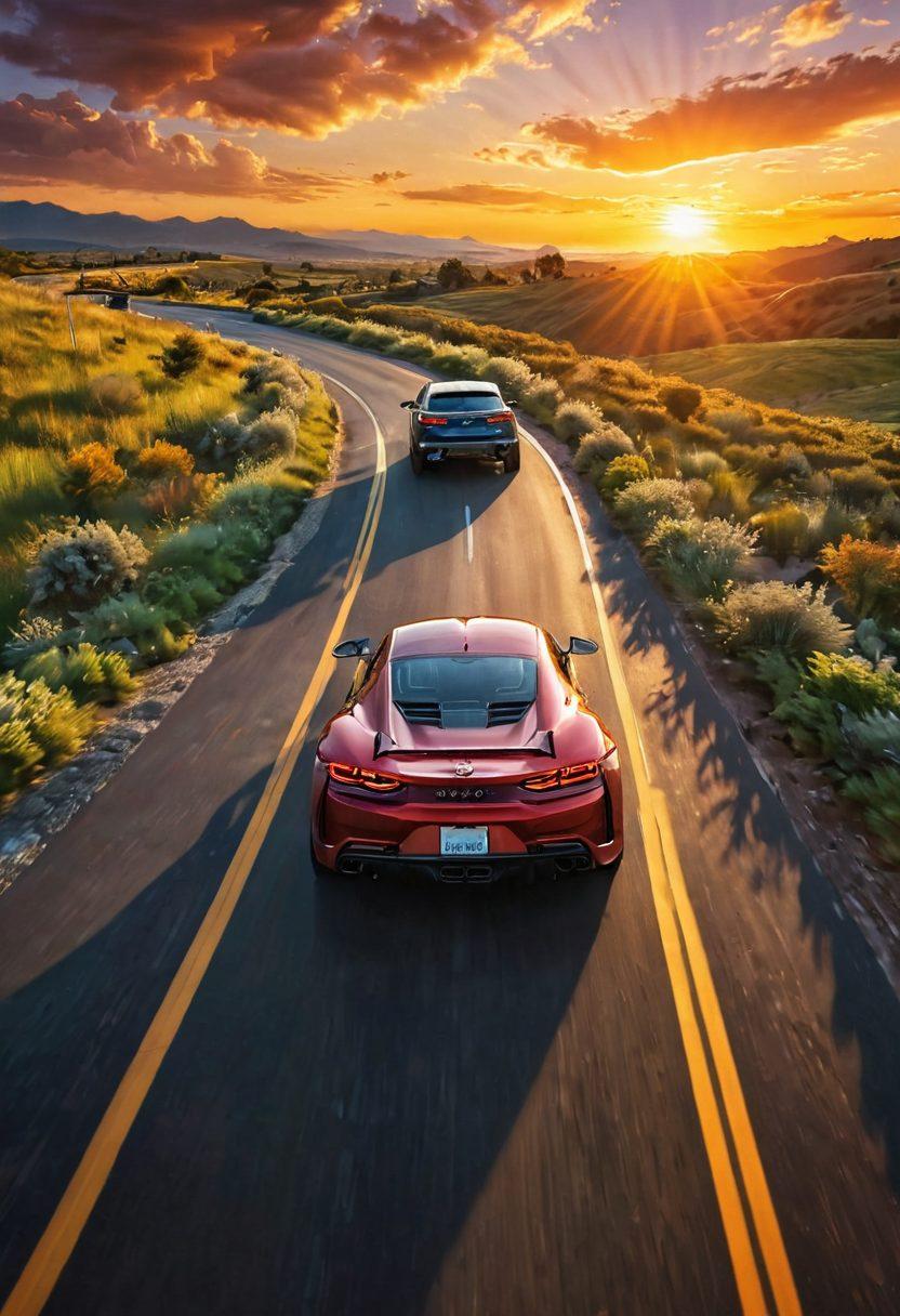 A captivating scene showcasing a diverse array of cars on a winding road, each emitting an aura of joy and excitement. The foreground features a smiling driver, hands on the wheel, while the background boasts lush landscapes and a radiant sunset, symbolizing the thrill of driving. Elements such as tire tracks and a winding path lead the viewer’s eye through the scene. dynamic composition, energetic atmosphere. hyper-realistic. vibrant colors.